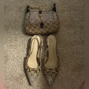 Beige Monogram Bag and Heels with Gold Accents